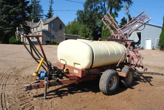 Hardy model tr500 500 gallon sprayer on tandem axle transport, PTO driven pump, approximately 45' fo
