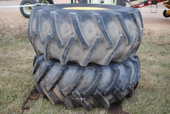 Pair of Firestone 23.1-26 tires on 8-bolt 20" rim (off combine)