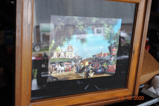 Train parts & track, locomotive, framed picture