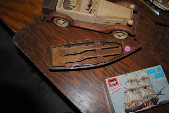 Wood items including planes, cars, helicopter, boats, cloth captain hats