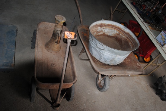 Wheel barrow, galvanized tub, kids wagon, screw jack, milk can