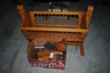 Cradle and box of wood doll accessories
