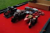 (3) Harley Davidsons (2 with side cars and one is cast iron), semi car hauler with cars, semi & trai
