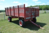 14' Wood Forage Box with hoist on Minnesota #9 running gear, bottom part of hitch is broke, see pict