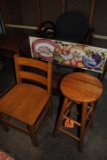 4 Office chairs, oak stool, bench with painted back, oak chair