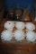 2 Boxes including 6 milk glass sherbet dishes, candle holders, glassware