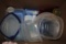 Box of Tupperware, misc. drink bottles, casserole, soup & glass mugs, canning jars, amber pitcher, B