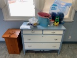 4-Drawer Dresser with door hinges, hardware, caps, metal buckets, caps, chalks, paints, misc., woode