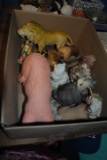 4 Boxes of figurines including animals, wooden spoon, alarm clocks, phone cases, playing cards