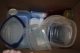 Box of Tupperware, misc. drink bottles, casserole, soup & glass mugs, canning jars, amber pitcher, B