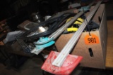 8 Flats including misc. car parts, tools, belt measurers, jumper cables