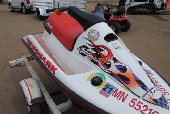 Arctic Cat Tiger Shark Barracuda jet ski with 639cc motor, on single place trailer with permanent li
