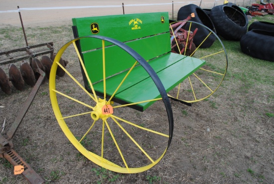 John Deere painted bench on steel wheels