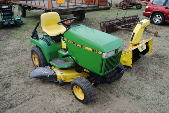 John Deere 240 mower, 38" deck, runs good, with snow blower & tire chains