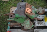 Balance of pallet including pail with John Deere parts, steps, fender brackets, pto cover