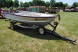 Alumacraft 14' boat on trailer with permanent license, 2 gas cans, oars, Spirit 16HP motor, cover (S