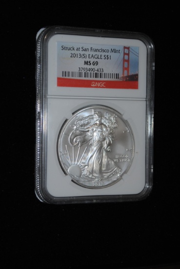 2013 "S" Silver Eagle, NGC MS 69 in NGC box