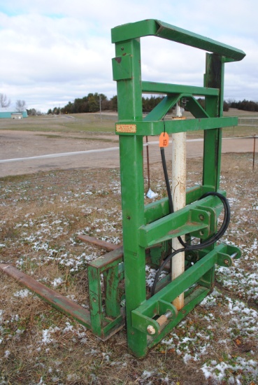 3-Point Hydraulic Fork Lift, owner states it works, lifts about 7.5', has bale carrier on it