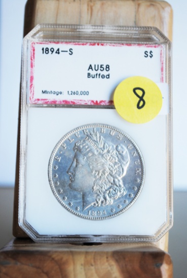 1894 Morgan Dollar, 'S', better date, PCI graded, AU58, buffed or cleaned