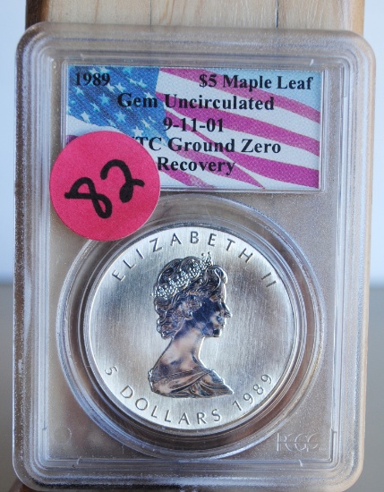 Collector's Universe Graded/PCGS, gem uncirculated, 1989 $5 Mapleleaf WTC Ground Zero Recovery, 1 Tr