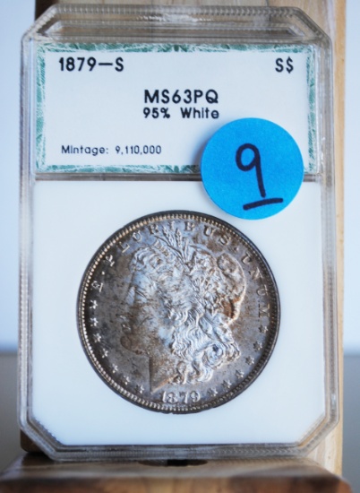 1879 Morgan Dollar, 'S', PCI graded, MS63PQ, russet toning throughout coin
