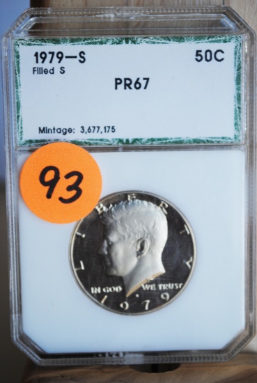 1979 Kennedy Half Dollar, 'S', PCI graded, filled 'S', Proof 67, slight cameo