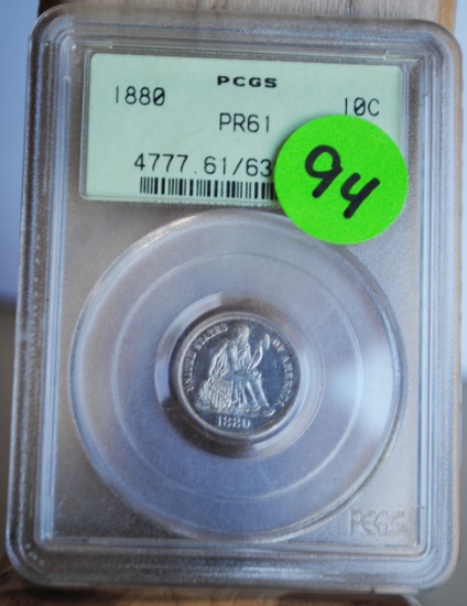 1880 Liberty Seated Dime, PCGS graded, Proof 61, nice coin