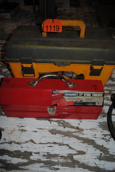 Plastic tool box with Coleman air sander, orbital air sander w/misc. sand paper, new metal tool box