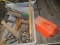 Hammers, ammo box, drills, nuts, axe, cane