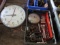 Plastic tool carrier and tote with clock, ratchet set, wind up bell, small clevises, hand tools and
