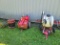 Metal utility trailer, Archer metal oil can, plastic gas cans, Fimco pull behind sprayer and