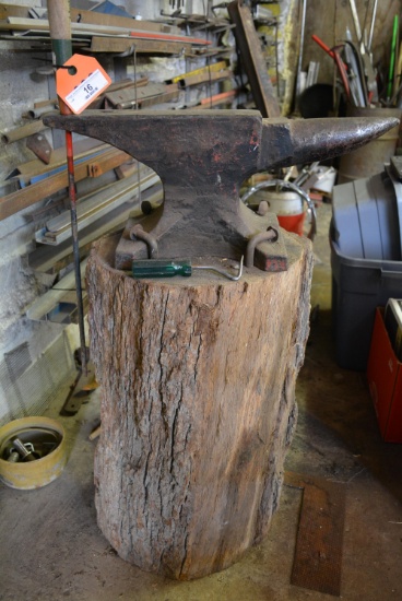 Anvil, 21"x3"; attached to stump stand. Anvil is stamped, stamp is illegible