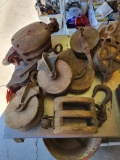 Vintage wood pulleys; various designs and sizes
