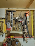 Reciprocating saw, tool belt, level, squares, staple guns, bench lights, Drill bits, large nails, la