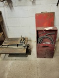 Small portable table saw, vintage wood boxes