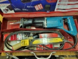 Makita hammer drill with drill bits, cement expanding bolts; Makita reciprocating saw with various b