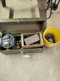 Park hand carry tool box with various nuts and bolts; some square nuts; plastic pail with chain spro