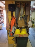 Hand saws, tool bag, chainsaw safety pants, tool apron, safety helmets, Hedge trimmer and weed trimm