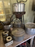 Canning/cooking aluminum pots, glass bottles, small canisters, large glass jar approx. 13