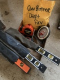 Tape measures, Craftsman protractor, small levels, corn burner draft fan parts