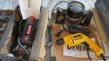 DeWalt electric drill, Black and Decker router, Craftsman cutting tool with case