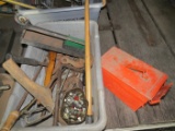 Hammers, ammo box, drills, nuts, axe, cane