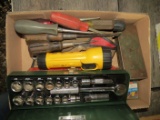 Socket sets, metal case, flash light, scraper, screwdrivers, adjustable wrenches, some Snap-On