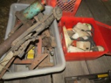 Plastic tote with manual jacks, hydraulic jack, assorted jack handles, punch bars. Lot also includes