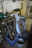 Scrap metal, wheels, shelf, small engine parts, stool, assorted nuts and bolts. Lot also includes De