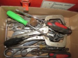 Open end and box end wrenches, adjustable wrench, large screwdrivers, Vise Grip clamp