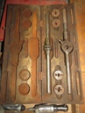 Wood cases with old tap and dye sets (2); large one contains 10 sizes