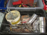 Totes of assorted shelving parts, vent tube, empty drill boxes, empty tool boxes, hand tools and mor