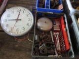 Plastic tool carrier and tote with clock, ratchet set, wind up bell, small clevises, hand tools and