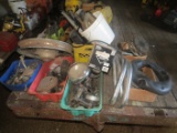 Totes and boxes of assorted motorcycle and other parts, spoke wheel, exhaust pipes and shield, light